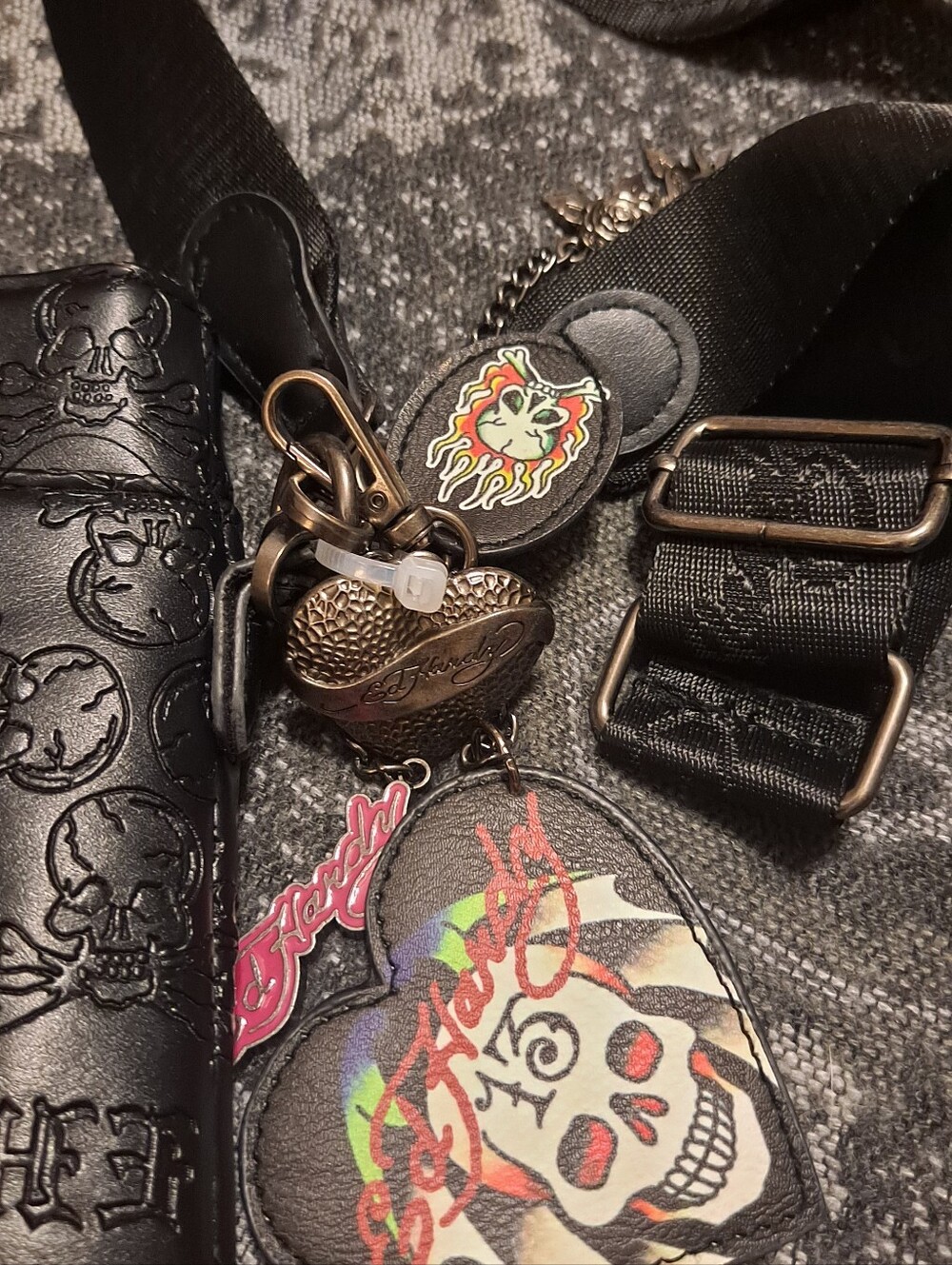 Ed Hardy Black Embossed Studded Faux Leather Satchel With Several Charms - Picture 4 of 6